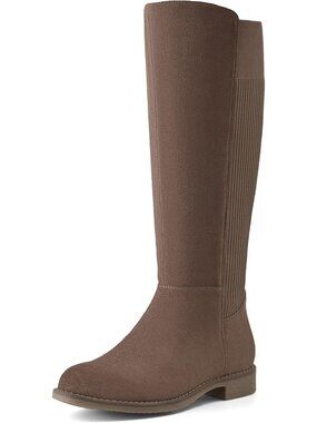 Women's Taupe Knit Knee High Boots Flat Low Heel  with Side Zipper